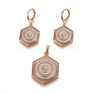 Brass Micro Pave Cubic Zirconia Jewelry Sets, Pendant and Earrings, Long-Lasting Plated, Hexagon, Light Gold, 38mm, Hole: 4.5x6mm, 36mm, Pin: 1mm(SJEW-F189-11KCG)