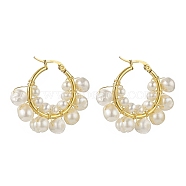 Natural Pearl Beaded Hoop Earrings, 304 Stainless Steel Wire Wrap Jewelry for Women, Real 18K Gold Plated, 31.5x37x8mm, Pin: 0.6~1.2x0.6mm(EJEW-JE05168-01)
