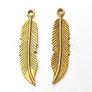 Tibetan Style Alloy Pendants, Feather, Lead Free and Cadmium Free, Antique Golden, 45.5x11x2.5mm, Hole: 2mm(X-K08SP031)