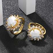 Sunflower Natural Howlite Finger Rings, Golden Tone Brass Rhinestone Cuff Rings, Rack Plating, Long-Lasting Plated, Lead Free & Cadmium Free, Sunflower: 19x19mm, Inner Diameter: 17mm(RJEW-B113-03G-06)