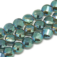Electroplate Glass Beads Strands, Rainbow Plated, Faceted, Flat Round, Dark Cyan, 8x5mm, Hole: 1.2mm, about 69~72pcs/strand, 21.26 inch(EGLA-Q098-A09)