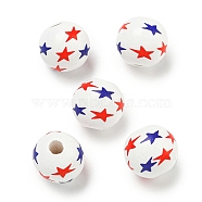 Printed Wood European Beads, Round, USA Flag Style, White, 15.5~16mm, Hole: 4~4.5mm(WOOD-G022-07E)