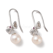Sterling Silver Dangle Earrings, with Natural Pearl and Cubic Zirconia, Jewely for Women, Bowknot, 23x8.5mm(EJEW-C087-05C-P)