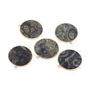 Natural Kambaba Jasper Pendants, with Brass Findings, Flat Round, Golden, 32~34x28.5~31x2mm, Hole: 1.6mm(G-E526-10G)