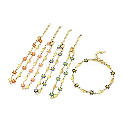 Enamel Flower & Heart Link Chain Bracelet, PVD Vacuum Plating Golden 201 Stainless Steel Bracelet, Mixed Color, 7-3/8 inch(18.8cm)(BJEW-A142-05G)