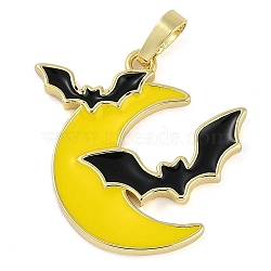 Halloween Rack Plating Brass Enamel Pendants, Long-Lasting Plated, Lead Free & Cadmium Free, Real 18K Gold Plated, Moon with Bat, 24x25x2mm, Hole: 5x3.5mm(KK-U032-11B-G)