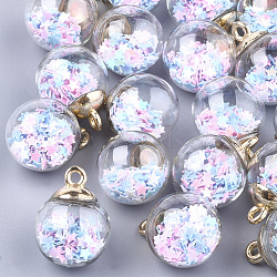 Glass Ball Pendants, with Glitter Sequins and CCB Plastic Findings, Round with Star, Colorful, 21x15.5~16mm, Hole: 2mm(GLAA-T003-08C)