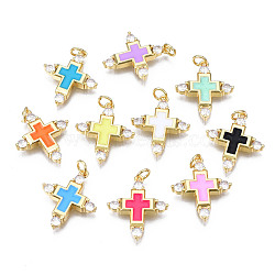 Brass Micro Pave Cubic Zirconia Enamel Pendants, with Jump Rings, Cadmium Free & Nickel Free & Lead Free, Real 16K Gold Plated, Cross, Mixed Color, 23x19x3mm, Jump Ring: 5x1mm, 3mm inner diameter(KK-Q283-020-NR)