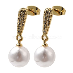 Rack Plating Brass Micro Pave Clear Cubic Zirconia & ABS Plastic Pearl Dangle StudEarrings for Women, Cadmium Free & Lead Free, Long-Lasting Plated, Round, Real 18K Gold Plated, 27x9.5mm(EJEW-G403-07G)