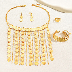 Stainless Steel Coin Jewelry Set, Dangle Leverback Earrings & Link Chains Bracelets & Adjustable Rings & Tassel Bib Necklace, Real 18K Gold Plated, 6.69 inch(17cm), 18.11 inch(46cm), Inner Diameter: 16~18mm, 40x14mm(TT6205)