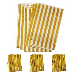 Plastic Candy Bags, with Plastic & Iron Core Wire Twist Ties, Rectangle with Stripe, Gold, 24.8x14.9cm, 100pcs/set(AJEW-TA0016-15)