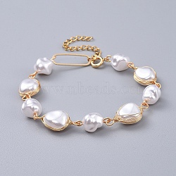 Plastic Imitation Pearl Beads Bracelets, with Brass Findings, Golden, White, 7-1/2 inch(19.2cm)(X-BJEW-JB04549)