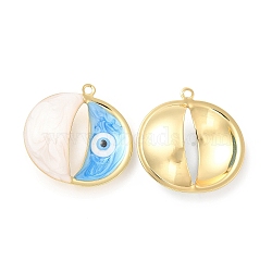 Brass Pendants, with Enamel, Real 18K Gold Plated, Long-Lasting Plated, Flat Round with Evil Eye Charm, Deep Sky Blue, 25x25x8mm, Hole: 1.4mm(KK-E075-06G-08)