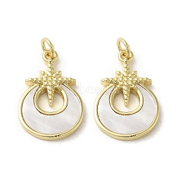 Brass Pave Shell Pendants, Flat Round with Star Charms, Real 18K Gold Plated, 21.5x14.5x3mm, Hole: 3.4mm(KK-I708-07A-G)
