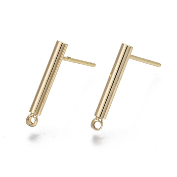 Brass Stud Earring Findings, with Loops, Nickel Free, Bar, Real 18K Gold Plated, 15x2mm, Hole: 1mm, Pin: 0.7mm