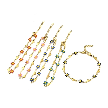 Enamel Flower & Heart Link Chain Bracelet, Vacuum Plating Golden 201 Stainless Steel Bracelet, Mixed Color, 7-3/8 inch(18.8cm)