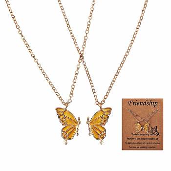 2Pcs Matching Butterfly Pendant Necklaces Set, 316 Surgical Stainless Steel Couple Necklace for Mother Daughter Friends, Light Gold, Yellow, 17.72 inch(45cm)