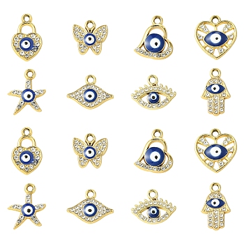 16Pcs 8 Styles UV Plating Alloy Enamel Pendants, with Rhinestone, Golden, Evil Eye, Mixed Shapes, 13.5~18.5x11~17x2~3mm, Hole: 2mm, 2pcs/style