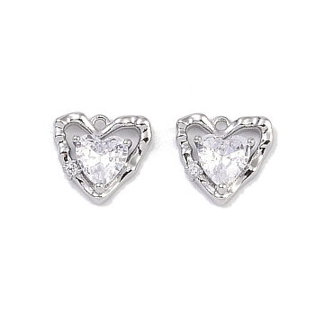 Brass Micro Pave Clear Cubic Zirconia Pendants, Heart Charms, Real Platinum Plated, 9x9.5x3mm, Hole: 0.8mm