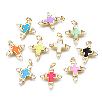 Brass Micro Pave Cubic Zirconia Enamel Pendants, with Jump Rings, Cadmium Free & Nickel Free & Lead Free, Real 16K Gold Plated, Cross, Mixed Color, 23x19x3mm, Jump Ring: 5x1mm, 3mm inner diameter