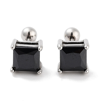 Square 316 Surgical Stainless Steel Pave Cubic Zirconia Ear False Plugs for Women Men, Stainless Steel Color, Black, 8x8mm