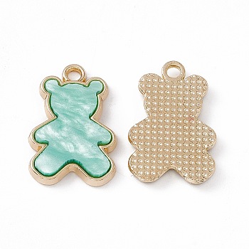 Opaque Resin Pendants, Bear Charms, with Light Gold Tone Alloy Findings, Medium Aquamarine, 20.5x14x2.5mm, Hole: 2mm