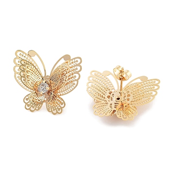 304 Stainless Steel Stud Earrings for Women, with Glass, Butterfly, Golden, 22x26mm