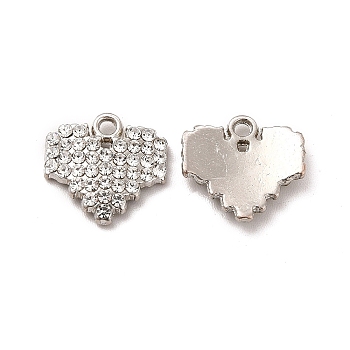 Alloy Crystal Rhinestone Pendants, Heart Charm, Platinum, 12x11x2mm, Hole: 1.4mm