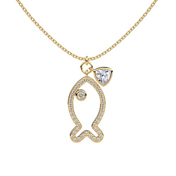 Summer Beach 925 Sterling Silver Micro Pave Clear Cubic Zirconia Cable Chain Fish Outline Pendant Necklaces, Real 18K Gold Plated, 16.42 inch(41.7cm)