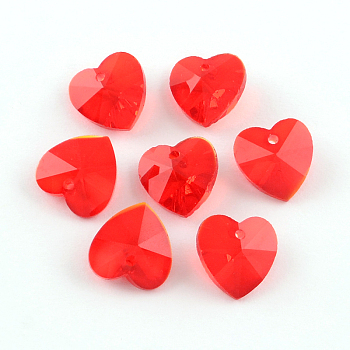 Faceted Heart Transparent Glass Charm Pendants, Red, 10x10x5mm, Hole: 1mm