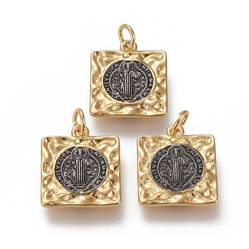 Brass Pendants, with Jump Rings, Long-Lasting Plated, Square with Saint Benedict Medal/Saint Benedict, Real 18K Gold Plated & Gunmetal, 17.4x15x2mm, Jump Rings: 5.5x1mm, 3.5mm Inner Diameter