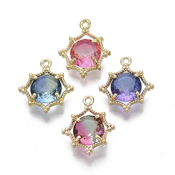 Faceted Two-Tone Glass Pendants, with Brass Claw Settings, Flower, Light Gold, Mixed Color, 16x14x4.5mm, Hole: 1.2mm
