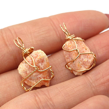 Raw Rough Natural Red Aventurine Pendants, Nuggets Charms with Golden Plated Copper Wire Wrapped, 18~30x12~22mm