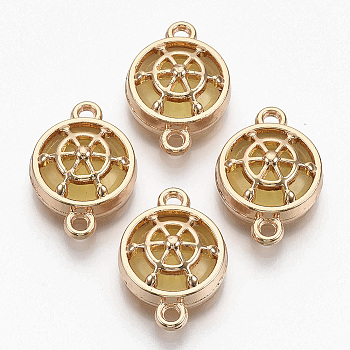 Glass Links connectors, with Light Gold Plated Alloy Findings, Flat Round with Helm, Goldenrod, 13.5x19.5x6.5mm, Hole: 1.6mm