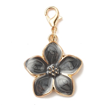Alloy Enamel Flower Pendant Decorations, Lobster Clasp Charms, for Keychain, Purse, Backpack Ornament, Black, 42mm