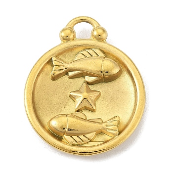 Real 18K Gold Plated Tone 304 Stainless Steel Pendants, Flat Round with Constellations Charm, Pisces, 20.5x17x3mm, Hole: 2.5x2.5mm