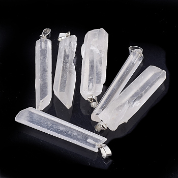 Natural Quartz Crystal Big Pendants, with Platinum Tone Iron Findings, Hexagonal Prisms, 50~60x8~15x5~12mm, Hole: 3x7mm