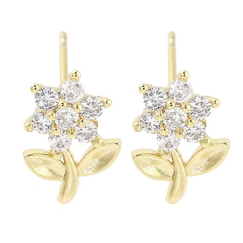 Brass Micro Pave Clear Cubic Zirconia Stud Earrings for Women, Flower, Real 18K Gold Plated, 12x8mm