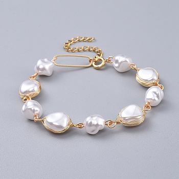 Plastic Imitation Pearl Beads Bracelets, with Brass Findings, Golden, White, 7-1/2 inch(19.2cm)