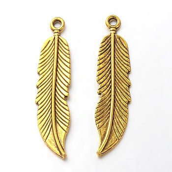 Tibetan Style Alloy Pendants, Feather, Lead Free and Cadmium Free, Antique Golden, 45.5x11x2.5mm, Hole: 2mm