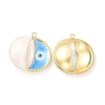 Brass Pendants, with Enamel, Real 18K Gold Plated, Long-Lasting Plated, Flat Round with Evil Eye Charm, Deep Sky Blue, 25x25x8mm, Hole: 1.4mm