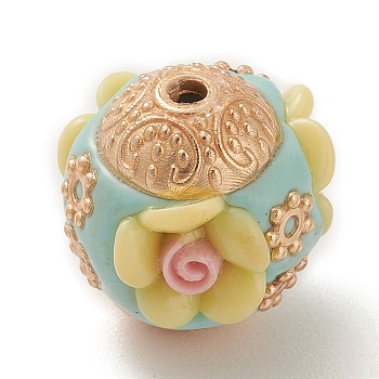 Handmade Indonesia Beads, with Alloy Findings and Resin, Rondelle with Flower, Light Khaki, 16x16.5x16mm, Hole: 1.8mm