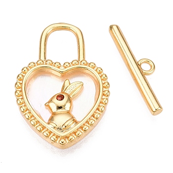 Brass Toggle Clasps, with Shell, Heart with Rabbit, Real 18K Gold Plated, 21.5x14.5x3mm, Hole: 6.5x5mm, Bar: 4.5x17x2mm, Hole: 1.5mm