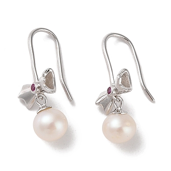 Sterling Silver Dangle Earrings, with Natural Pearl and Cubic Zirconia, Jewely for Women, Bowknot, 23x8.5mm