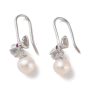 Anti-Tarnish Sterling Silver Dangle Earrings, with Natural Pearl and Cubic Zirconia, Jewely for Women, Bowknot, 23x8.5mm