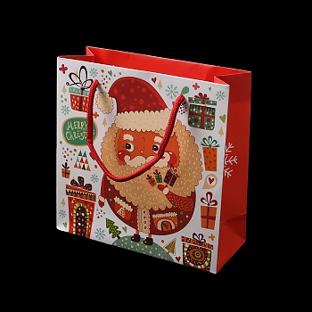 Christmas Santa Claus Print Paper Gift Bags with Nylon Cord Handle, Red, Square, 19.9x19.9x0.5cm, Unfold: 19.9x8.1x19.9cm