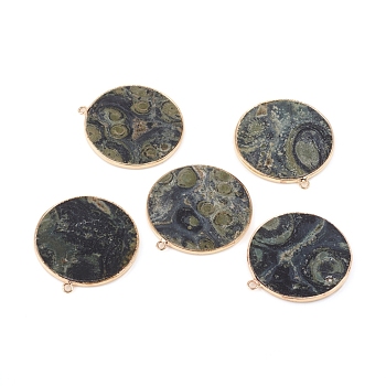 Natural Kambaba Jasper Pendants, with Brass Findings, Flat Round, Golden, 32~34x28.5~31x2mm, Hole: 1.6mm