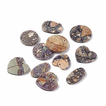 Natural Rhyolite Jasper Pendants, Flat Round & Oval & Heart & Rectangle, 24~30.5x15.5~30.5x3~4mm, Hole: 1.6~2mm