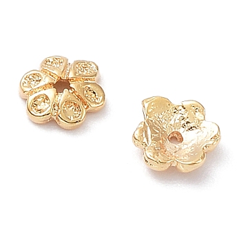 Brass Bead Caps, 6-Petal Flower, Real 18K Gold Plated, 5x4.5x1.3mm, Hole: 0.6~0.7mm