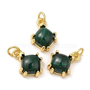 Rack Plating Brass Charms, Natural Malachite Rhombus Charms, Lead Free & Cadmium Free, Long-Lasting Plated, Real 18K Gold Plated, 11x8x4.5mm, Hole: 2.5mm(KK-C030-03G)
